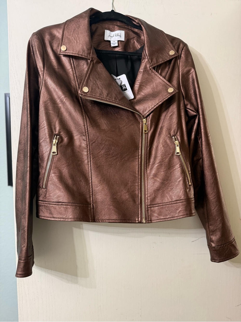Joseph Ribkoff Metallic Brown Faux Leather Moto Jacket - size L